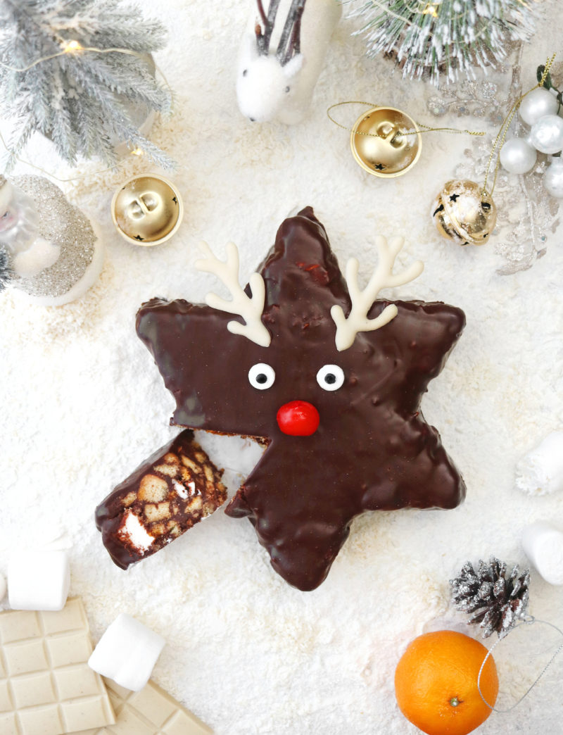 No-Bake Rocky Road Reindeer Cake