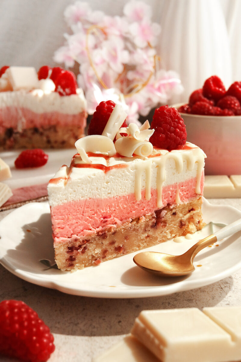 Vegan White Chocolate Raspberry Mousse Cake